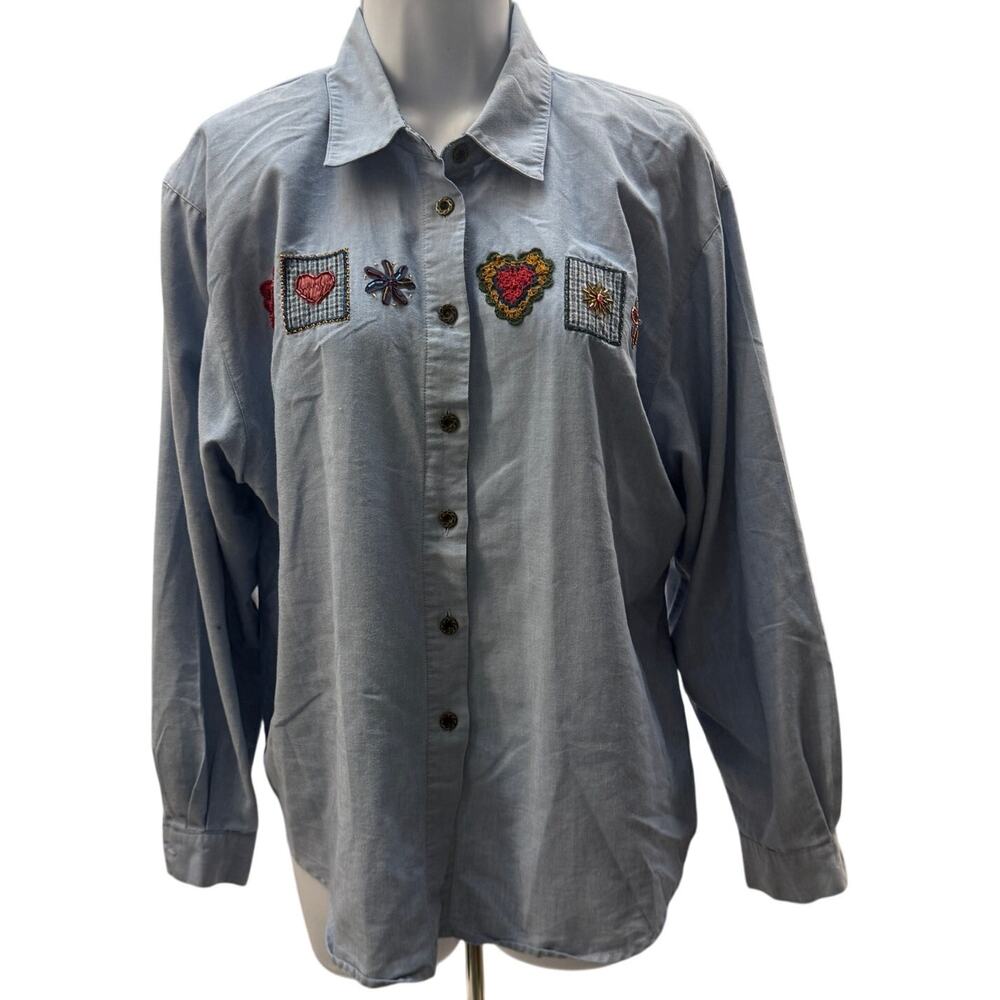Vtg KORET CITY BLUES Petite Shirt Women XL Crochet Blue Denim Collared Button - Picture 2 of 4